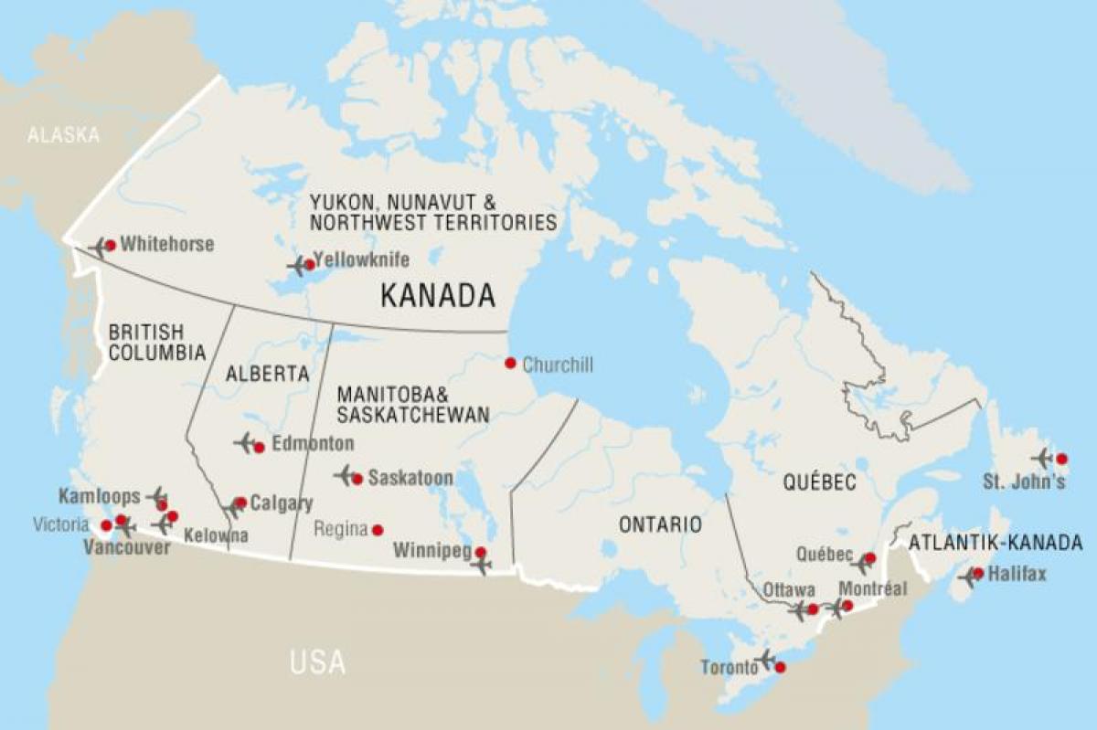 Mapa de los aeropuertos del Canadá