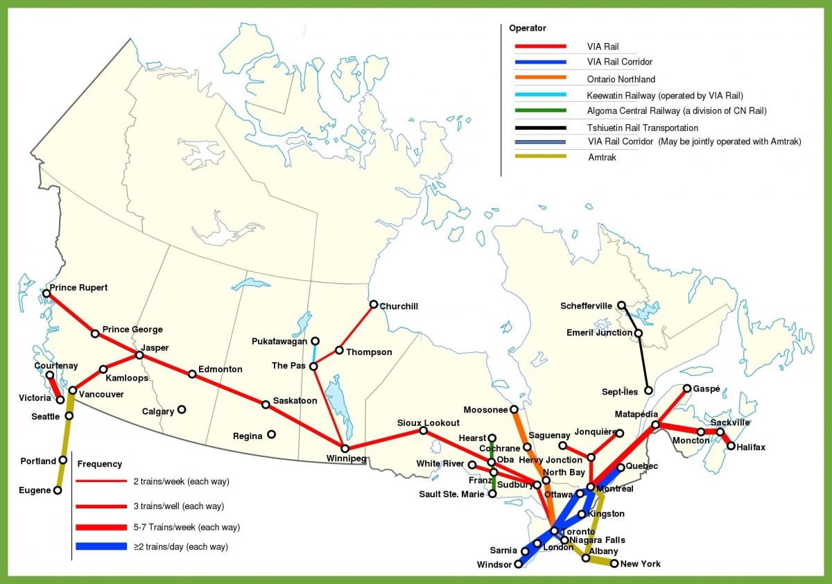 Mapa de las líneas de tren de Canadá