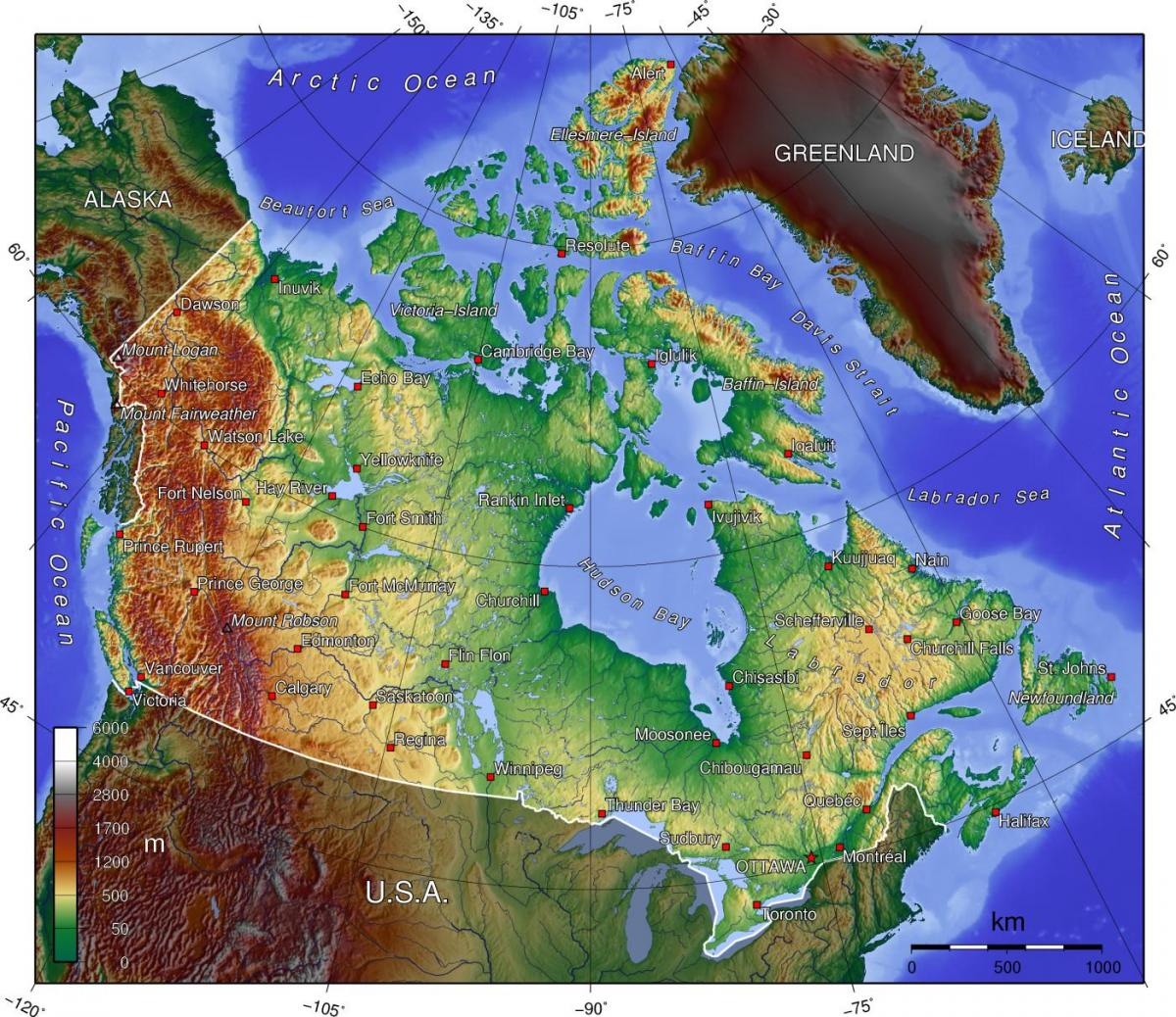 Mapa topográfico del Canadá